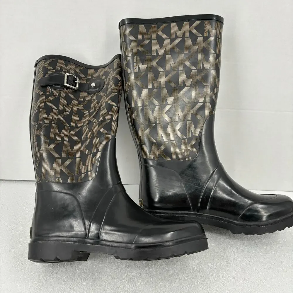 Michael Kors Tall Rain Boots Women's Size 7 Black Signature Logo Waterproof - Picture 6 of 13